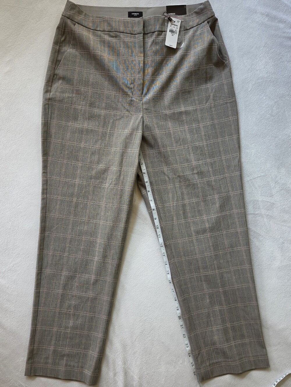 Express Women's Plaid Dress Pants in Taupe with Subtle Pink Windowpane